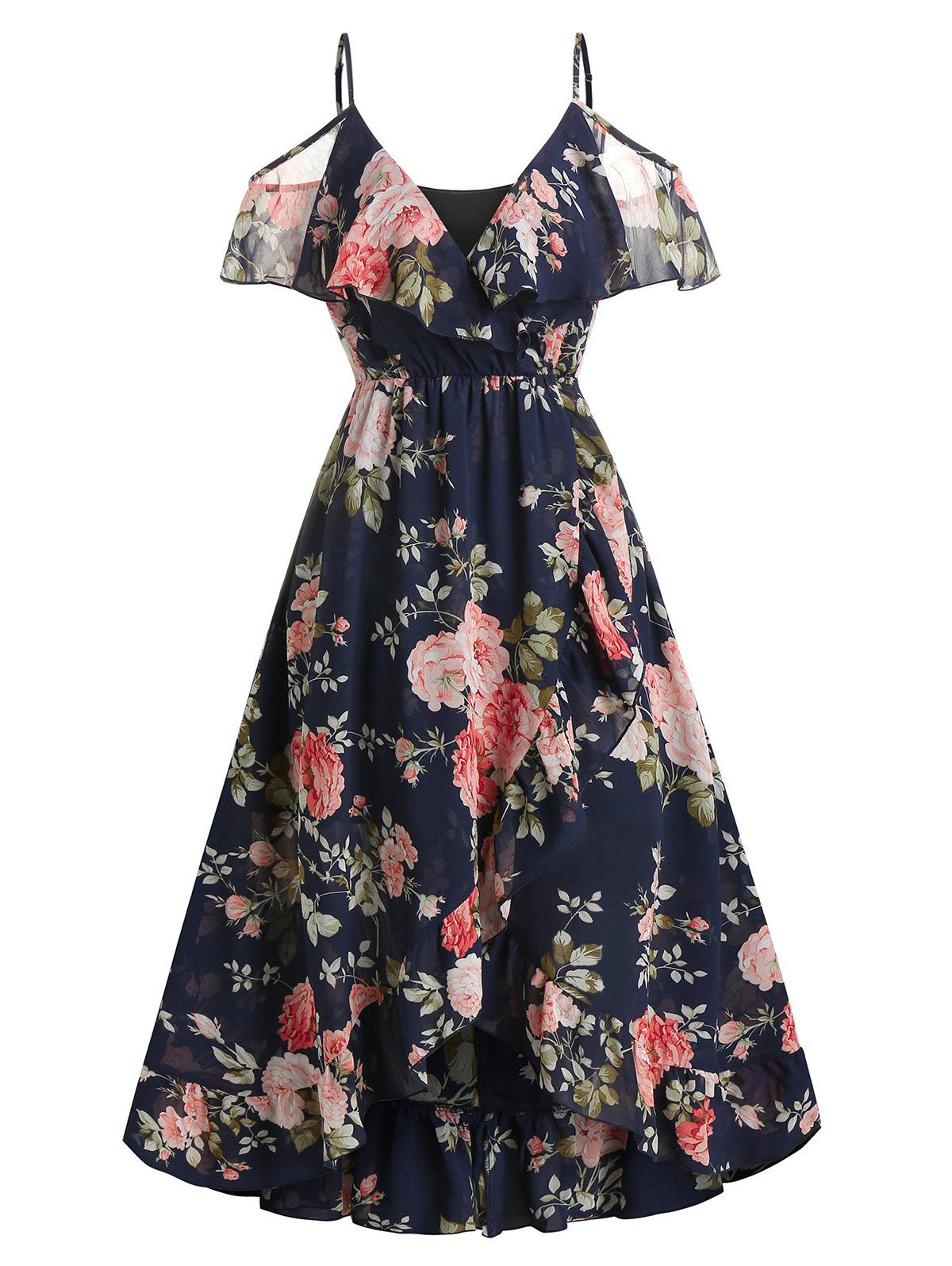 

Cold Shoulder Floral Print Surplice Dress, Cadetblue