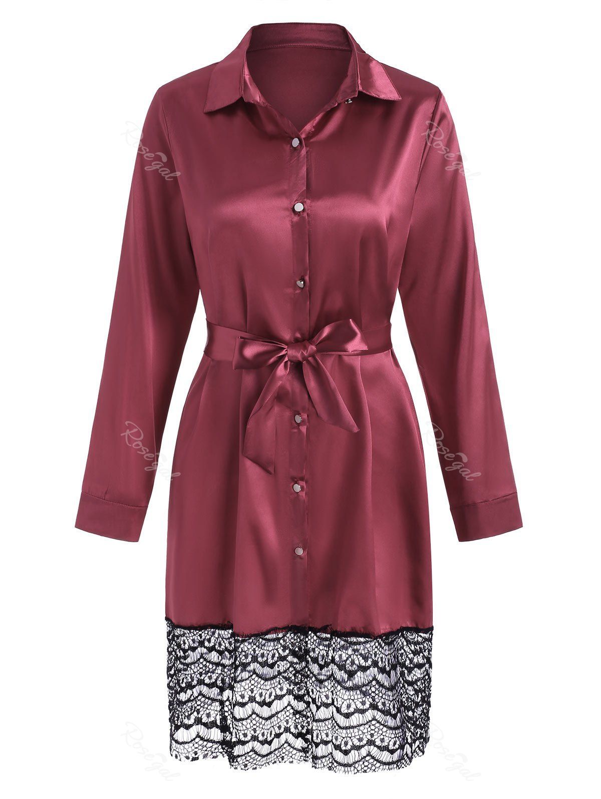 

Lace Panel Satin Belt Sleep Shirt Dress, Red wine