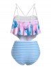 Flounces Strappy Leaves Print Stripes Plus Size Tankini Swimwear -  