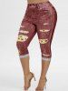 Legging Capri 3D Tournesol à Taille Haute de Grande Taille - Rouge Vineux 1X