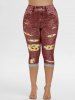 Legging Capri 3D Tournesol à Taille Haute de Grande Taille - Rouge Vineux 1X
