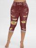 Legging Capri 3D Tournesol à Taille Haute de Grande Taille - Rouge Vineux 1X