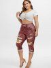 Legging Capri 3D Tournesol à Taille Haute de Grande Taille - Rouge Vineux 1X
