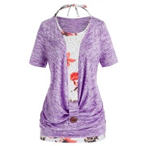 

Plus Size Marled Cowl Front T Shirt And Halter Floral Tank Top Set, Crocus purple