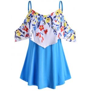 

Overlay Flounces Floral Cold Shoulder Plus Size Blouse, Blue