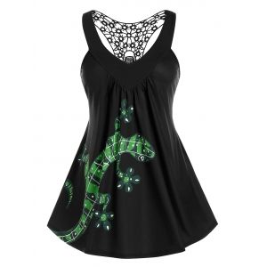 

Plus Size Lace Insert Gecko Print Racerback Tank Top, Black