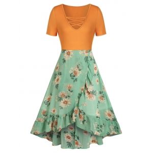 

Floral Print Criss-cross High Low Dress, Green