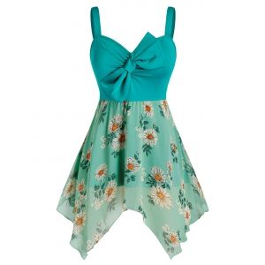 

Plus Size Bowknot Flower Print Handkerchief Backless Tank Top, Dark turquoise