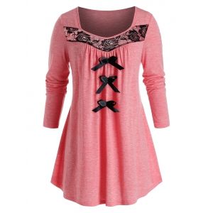 

Plus Size Bowknot Contrast Lace T Shirt, Flamingo pink