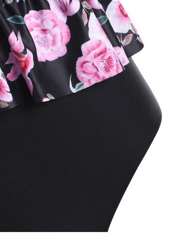 

Plus Size Ruffled Low Cut Floral Print Tankini Swimwear, Black