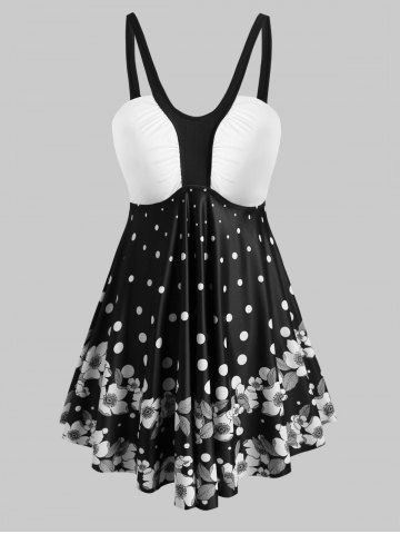 Plus Size Colorblock Print Floral Tankini Swimwear - BLACK - L
