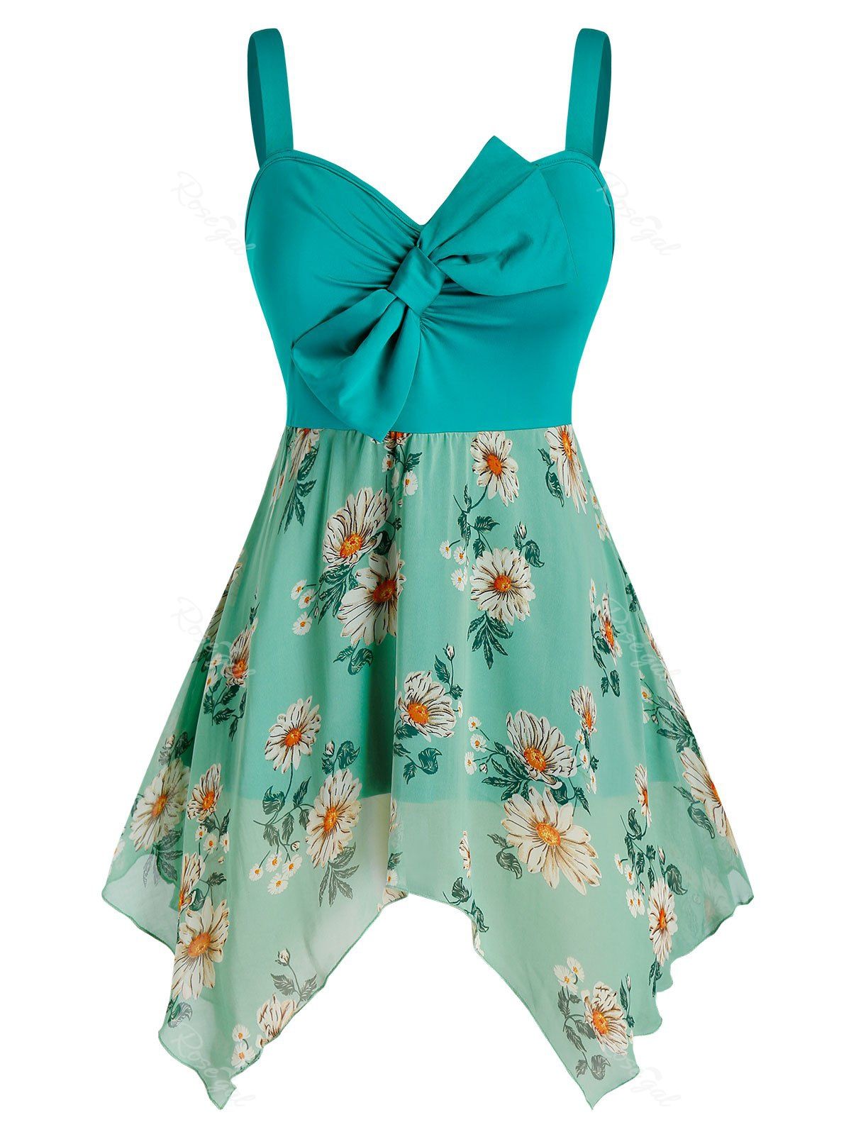 

Plus Size Bowknot Flower Print Handkerchief Backless Tank Top, Dark turquoise