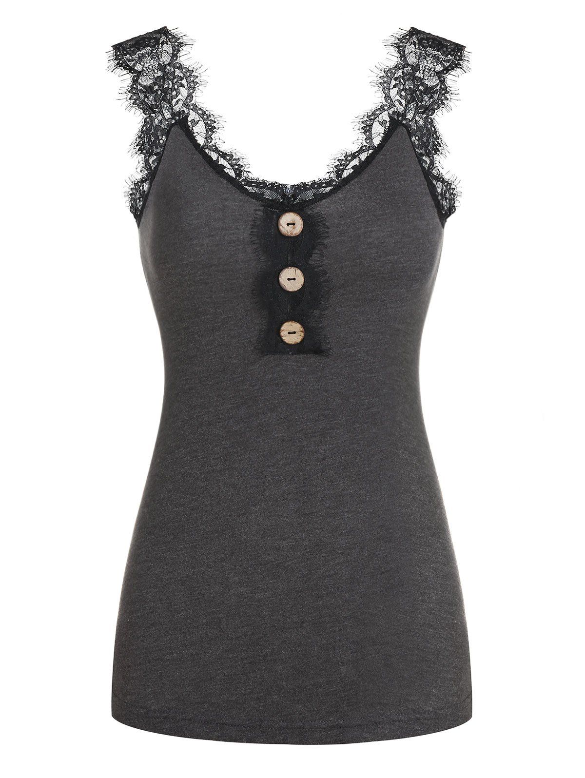

Mock Button Lace Panel Tank Top, Dark gray