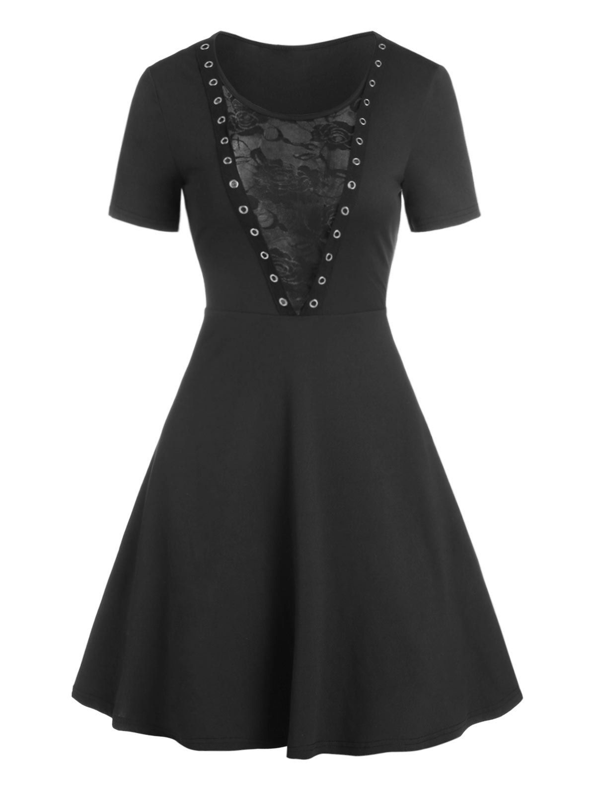 

Floral Lace Panel O Ring Gothic Dress, Black
