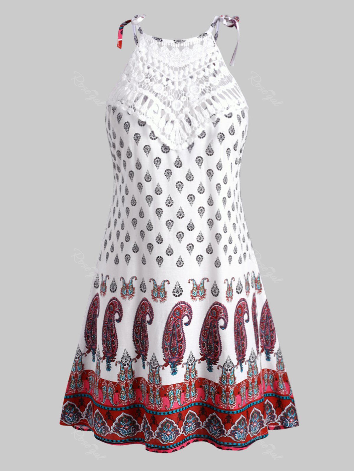 

Crochet Panel Tie Shoulder Paisley Printed Plus Size Dress, White