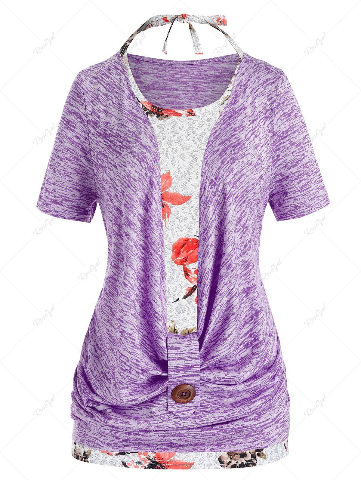 Hot Plus Size Marled Cowl Front T Shirt And Halter Floral Tank Top Set  