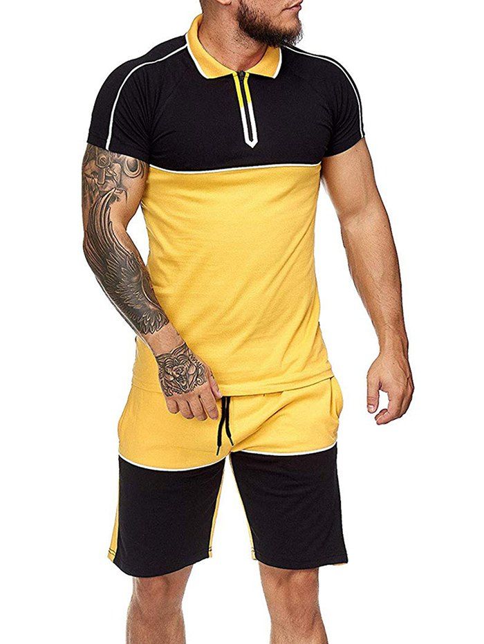

Colorblock Half Zip T Shirt And Drawstring Shorts Set, Yellow