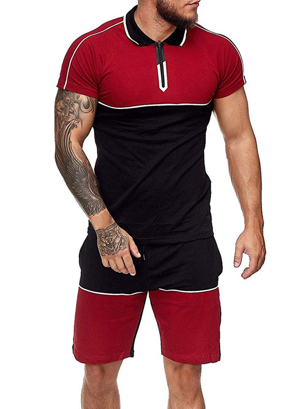 

Colorblock Half Zip T Shirt And Drawstring Shorts Set, Red
