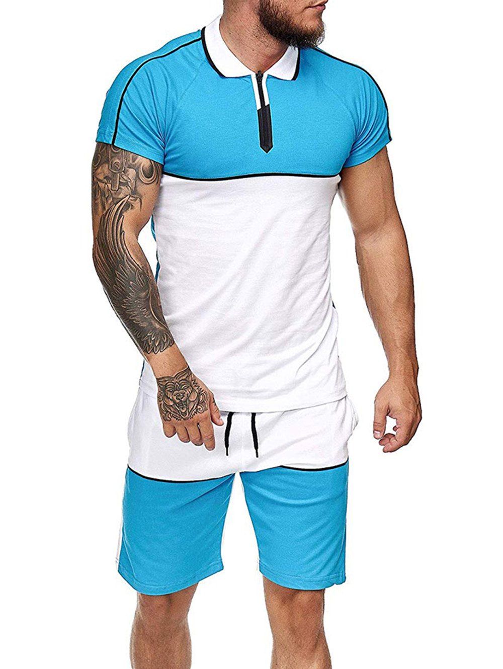 

Colorblock Half Zip T Shirt And Drawstring Shorts Set, Light blue