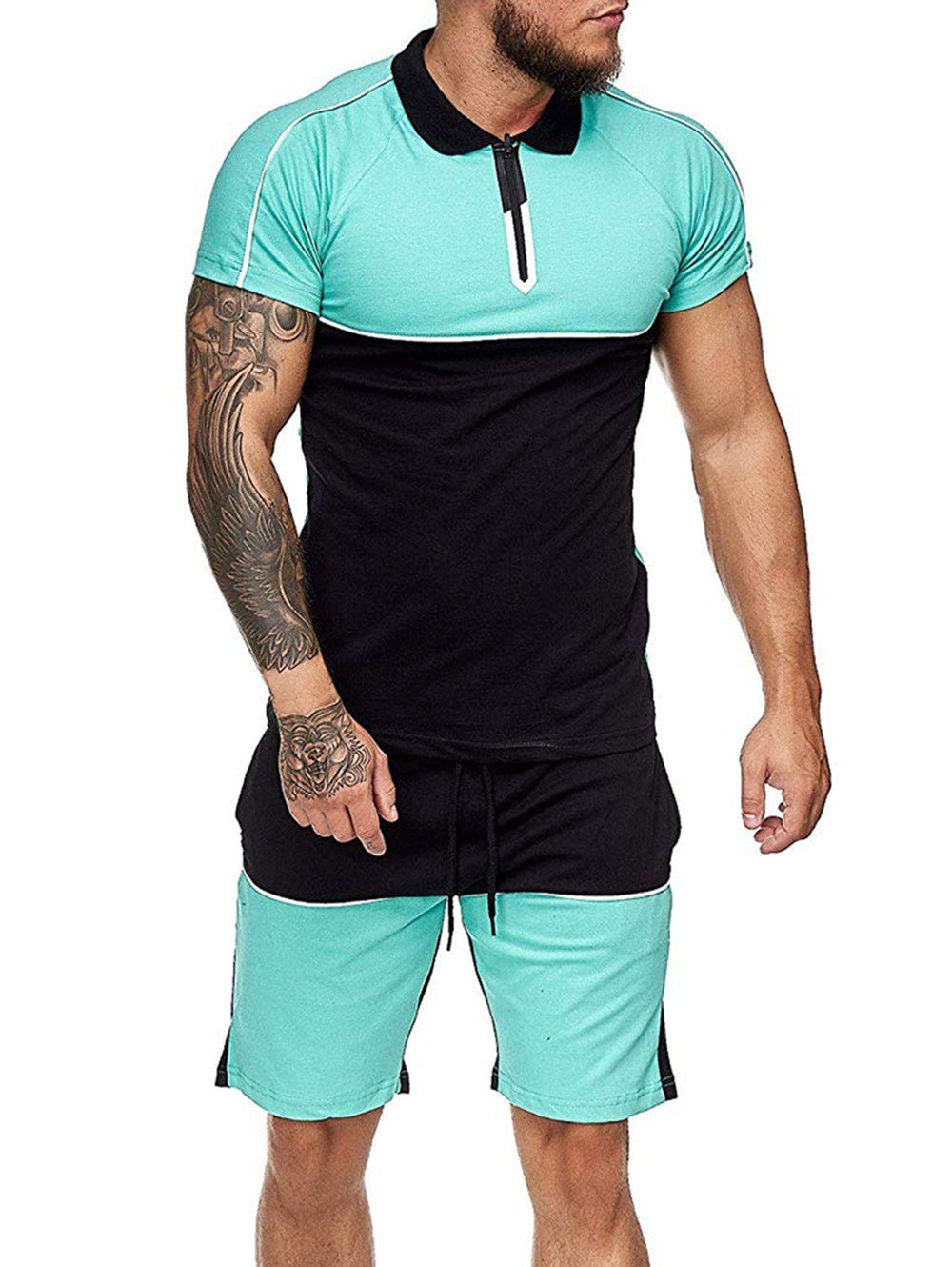

Colorblock Half Zip T Shirt And Drawstring Shorts Set, Light green