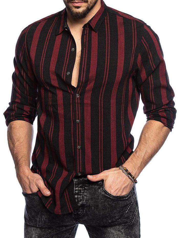 

Vertical Striped Button Up Long Sleeve Shirt, Red wine