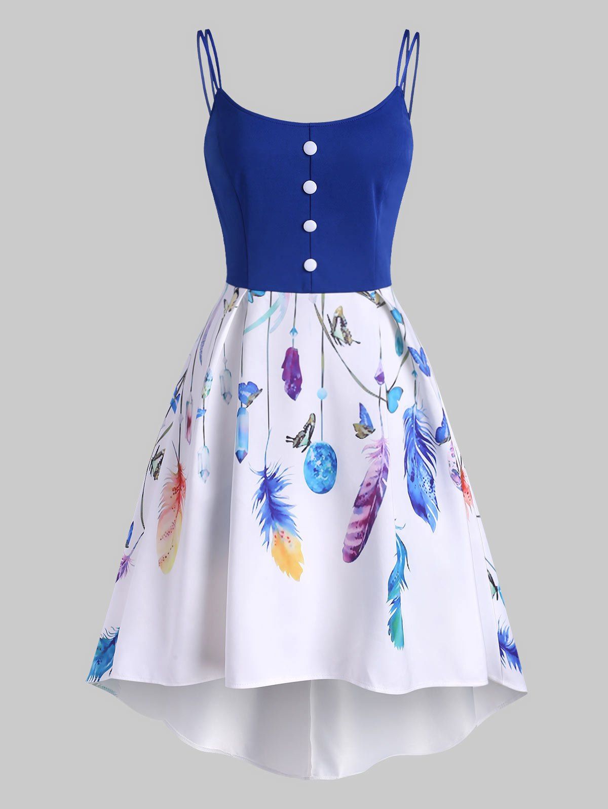 

Butterfly Feather Print Button Embellished Dip Hem Dress, Multi