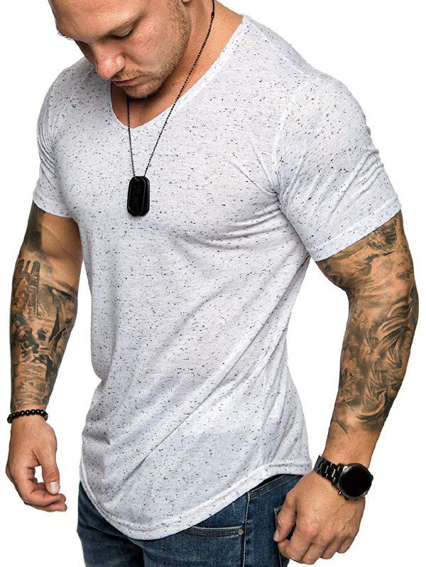 

V Neck Speckled Slim Fit Short Sleeve T Shirt, White