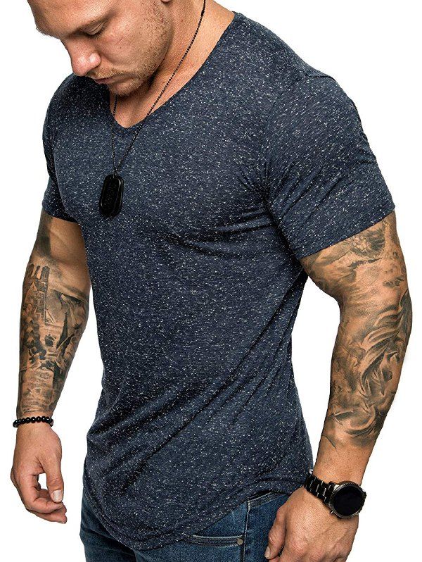 

V Neck Speckled Slim Fit Short Sleeve T Shirt, Cadetblue