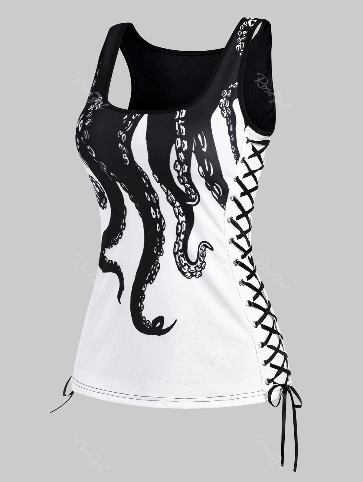 Store Scoop Neck Lace Up Octopus Print Tank Top  