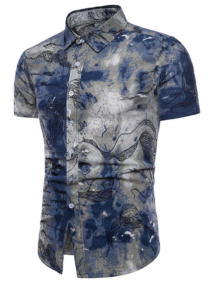 

Stick Figure Print Retro Short Sleeve Shirt, Blue gray