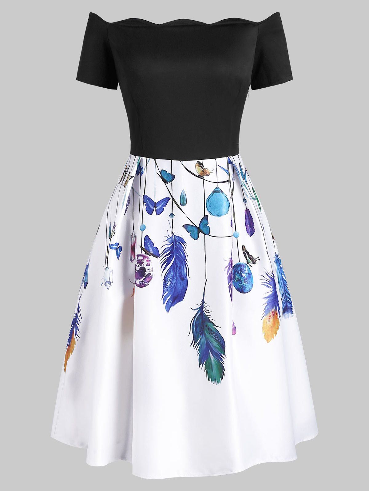 

Scalloped Butterfly Feather Print Off Shoulder Dress, Multi
