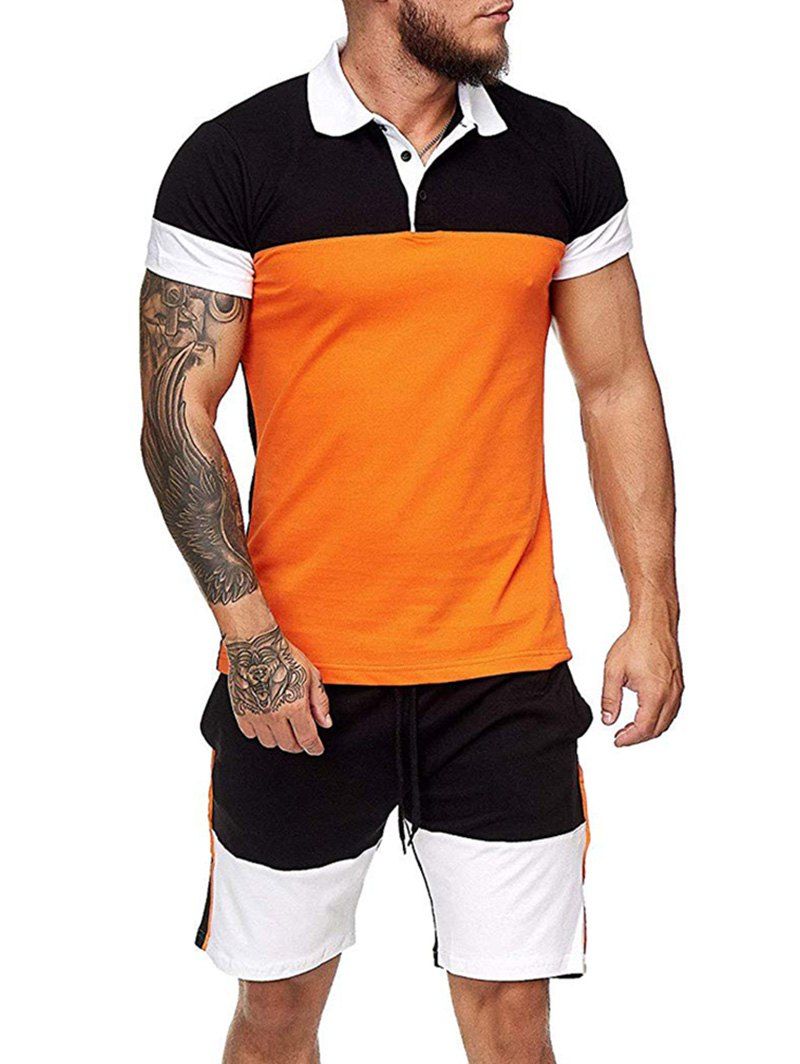 

Colorblock Half Button T Shirt And Drawstring Casual Shorts Set, Orange
