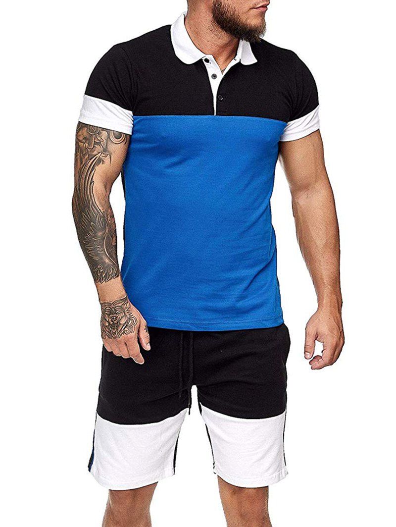 

Colorblock Half Button T Shirt And Drawstring Casual Shorts Set, Blue