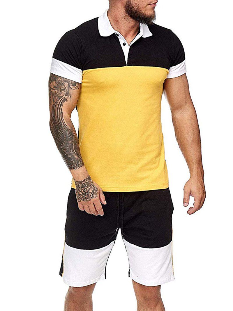 

Colorblock Half Button T Shirt And Drawstring Casual Shorts Set, Yellow