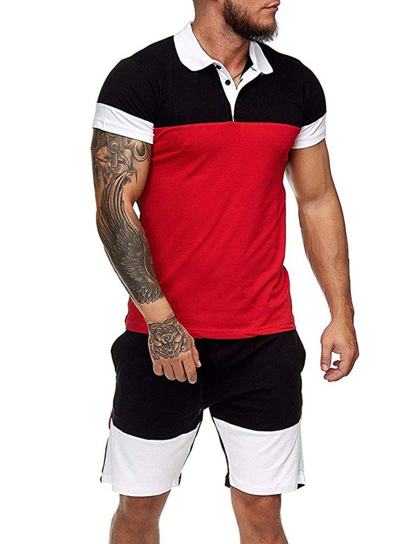 

Colorblock Half Button T Shirt And Drawstring Casual Shorts Set, Red