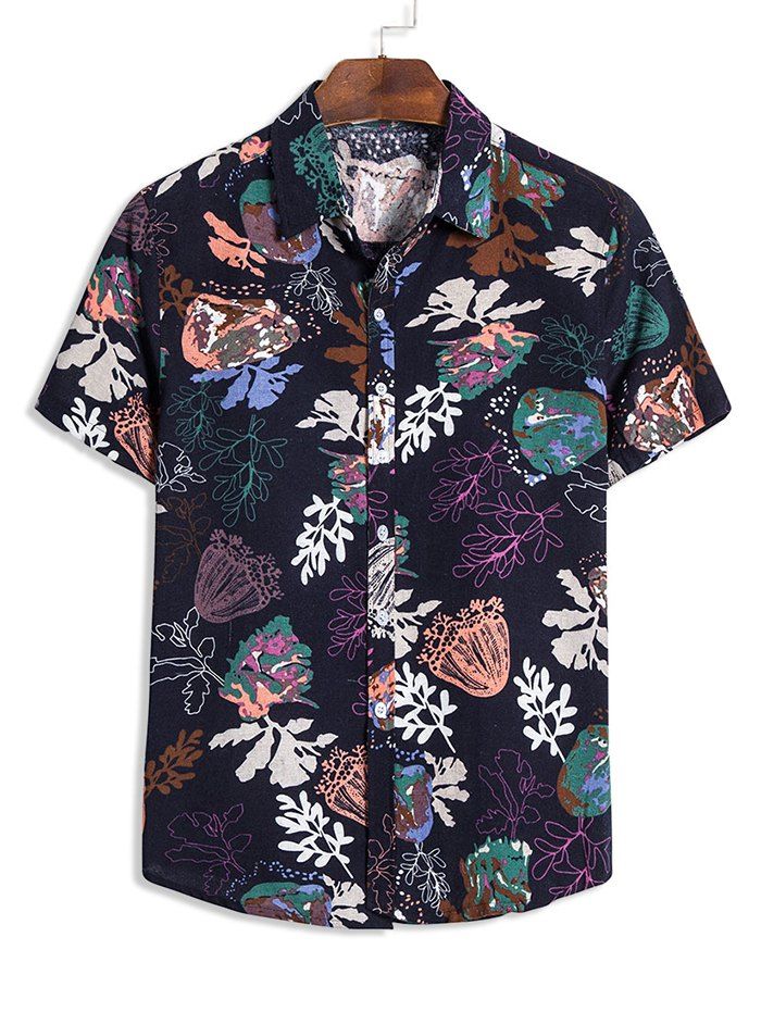 

Retro Leaves Print Button Up Shirt, Lapis blue