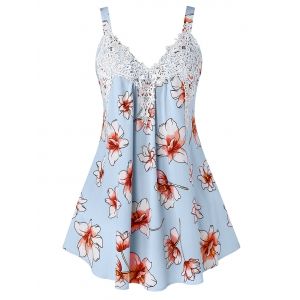 

Plus Size Lace Panel Flower Print Tank Top, Baby blue