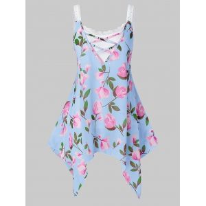 

Plus Size Lace Floral Print Cami Tank Top Set, Light blue