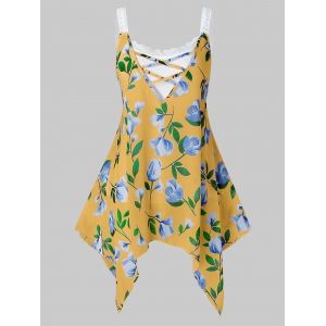 

Plus Size Lace Floral Print Cami Tank Top Set, Goldenrod