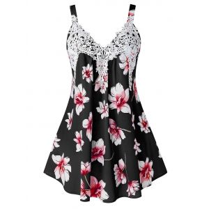 

Plus Size Lace Panel Flower Print Tank Top, Black