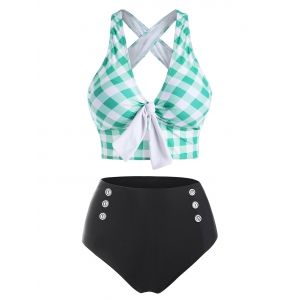 

Checkered Criss Cross Tied Button Embellished Tankini Swimwear, Light aquamarine