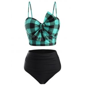 

Plaid Bowknot High Rise Tankini Swimwear, Medium turquoise