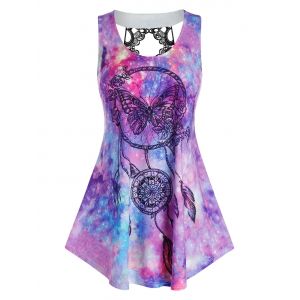 

Plus Size Lace Applique Galaxy Feather Print Tank Top, Multi