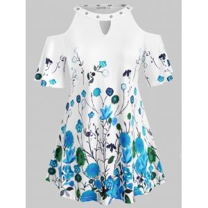 

Floral Grommet Cold Shoulder Plus Size Blouse, White