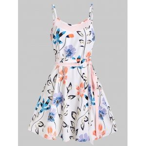 

Floral Print Belt Mini Cami Dress, White