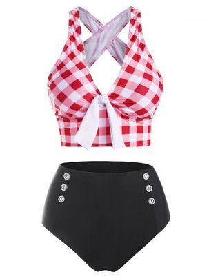 Checkered Criss Cross Tied Button Embellished Tankini Swimwear