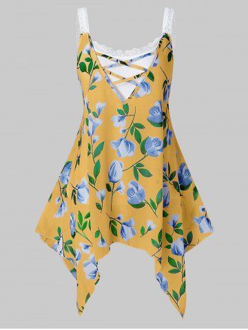 Plus Size Lace Floral Print Cami Tank Top Set - GOLDENROD - 1X