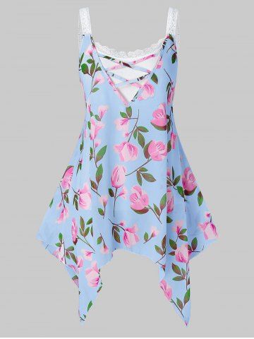 Plus Size Lace Floral Print Cami Tank Top Set