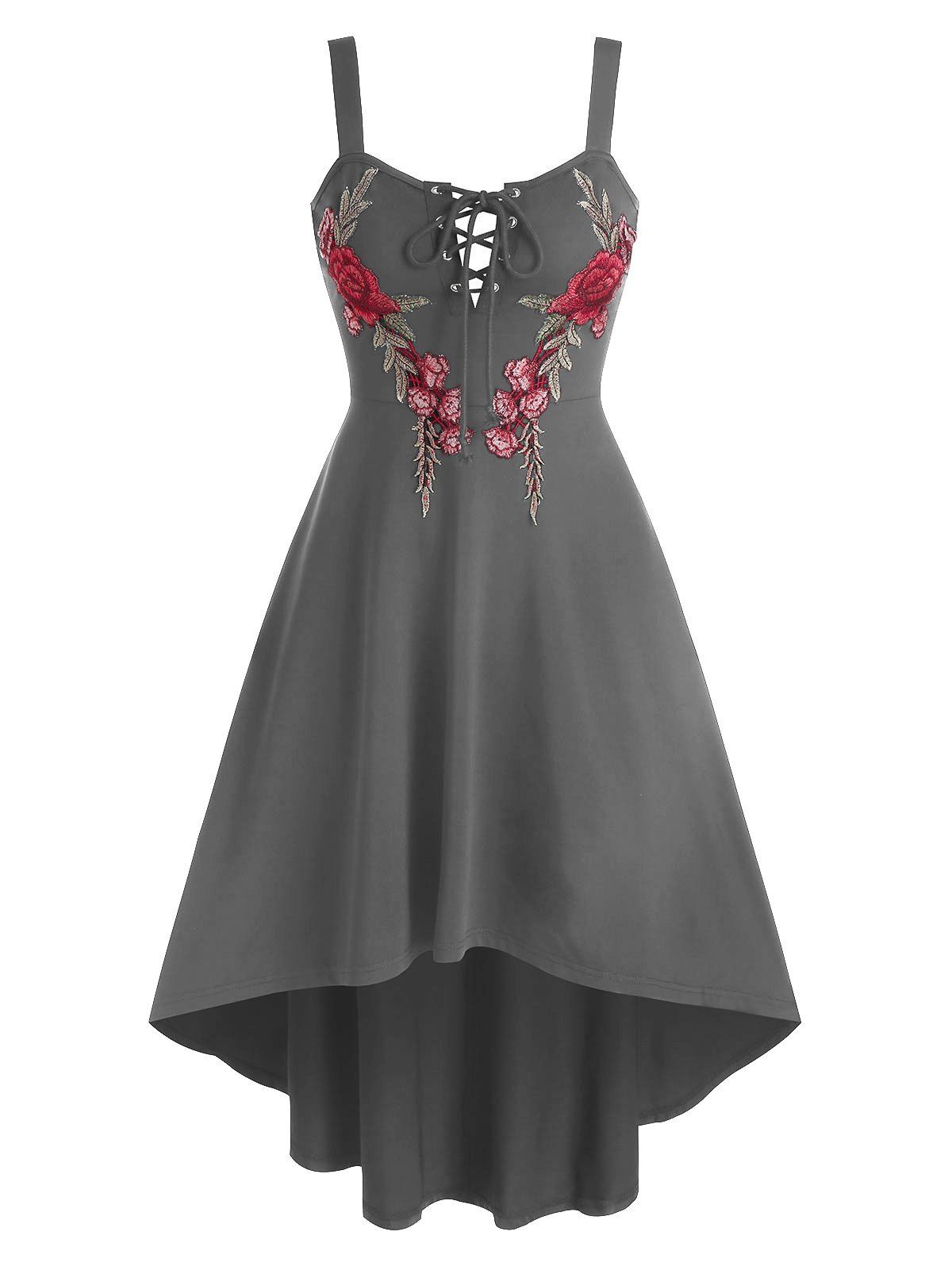 

Flower Embroidered Lace-up High Low Dress, Gray
