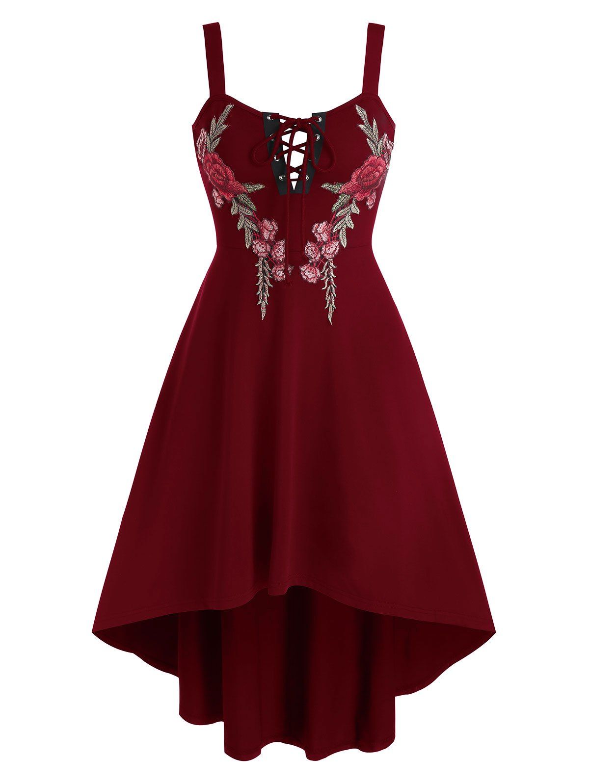 

Flower Embroidered Lace-up High Low Dress, Red wine